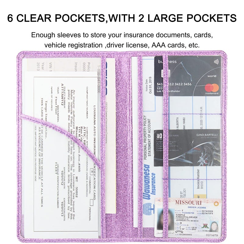 Bodskad Car Registration and Insurance Holder  Premium Leather Insurance and Registration Holder vehicle Glove Box Car Organizer  with Magnetic Shut for Cards  Driver License (Glitter Purple) - Image 4